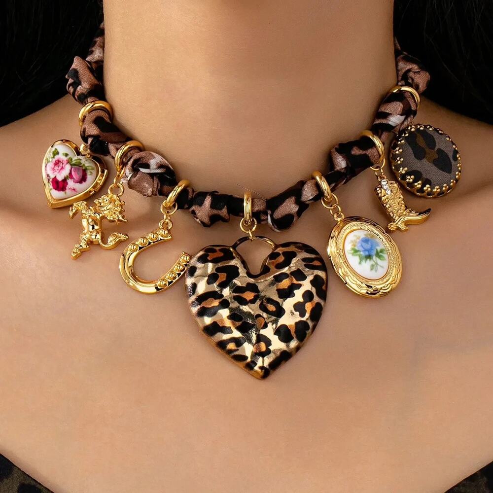 Leopard Print Heart Charm Necklace Gold Coquette Vintage Style Statement Jewelry